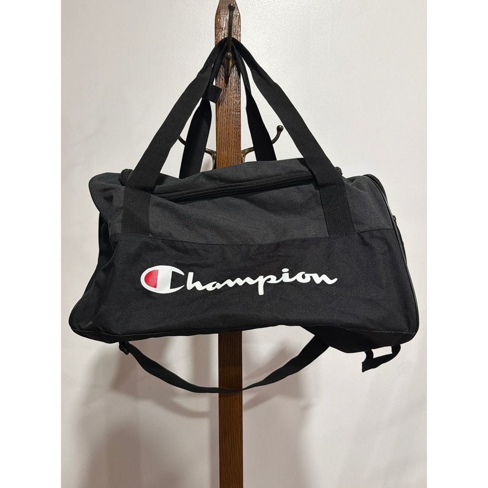 Champion Black Canvas Duffel Bag Adjustable Strap Gym Travel Gear Sport Logo Lg